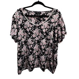 René Rofé Floral Sleepwear Top Black Pink White Short Sleeve Size 1X